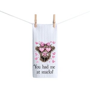 Valentine's Day Highland Cow Kitchen Towel – "You Had Me at Snacks"